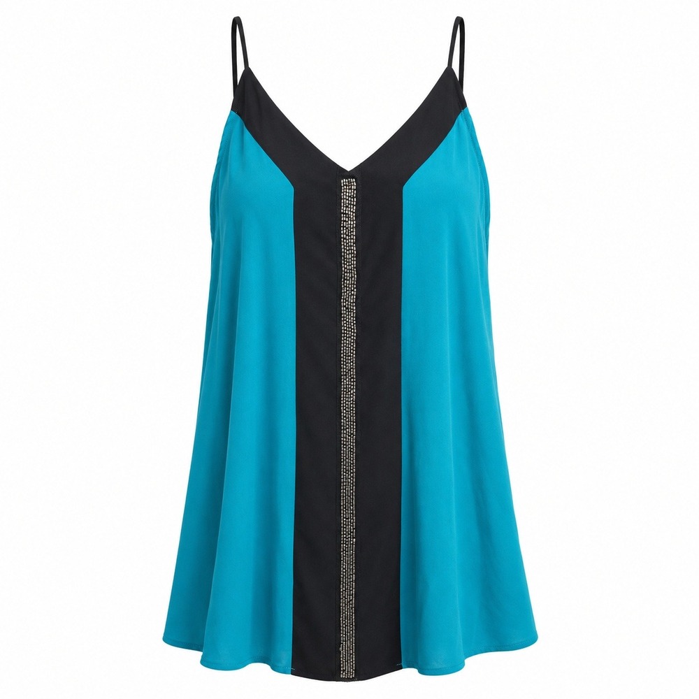 Socialite‎ Teal Black Colorblock Beaded V-Neck Cami Tank Top XL NEW